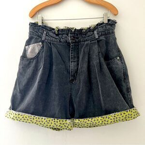 Vintage 90s Baggy Jean Shorts Black Denim Size XL High Waist Paisley Cuff Patch